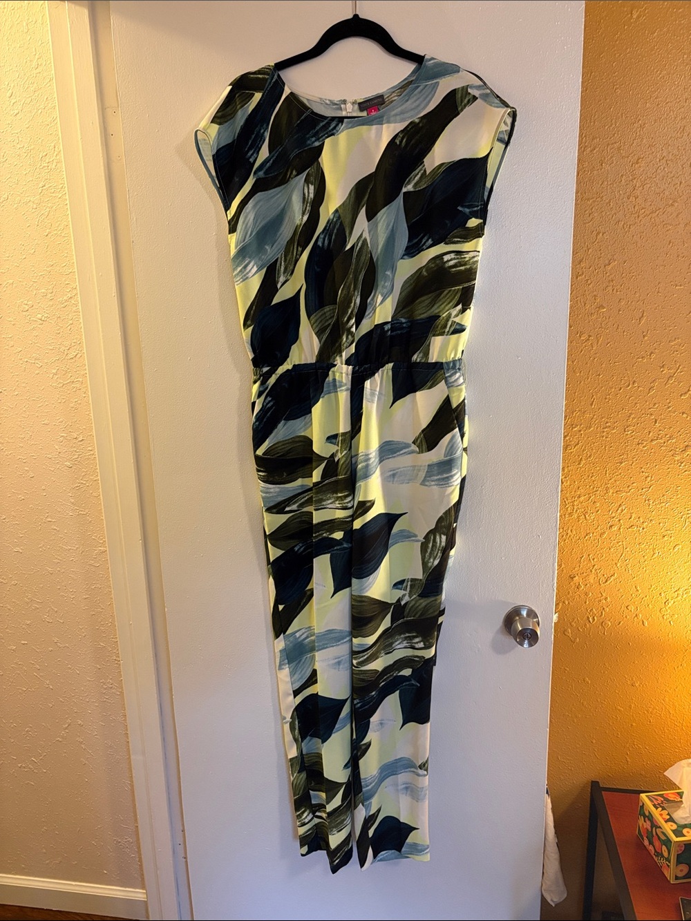 Vince Camuto Sleeveless Abstract Leaf-Print Jumpsuit in Yellow and Navy